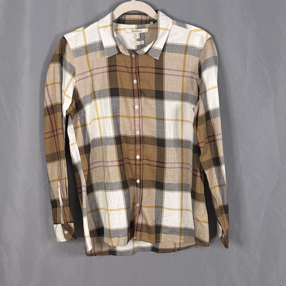 Barbour Bredon Shirt Womens 8 Brown Plaid Cotton Long Sleeve Preppy Lightweight